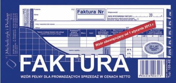 Faktura VAT wzór pełny dla prowadzących sprzedaż w cenach netto 1/3 A4 oryginał + kopia