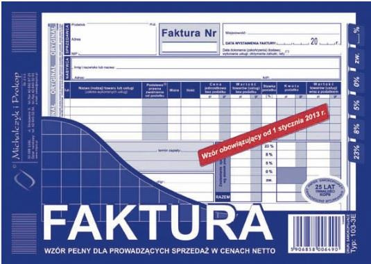 Faktura VAT wzór pełny dla prowadzących sprzedaż w cenach netto A5 oryginał + kopia