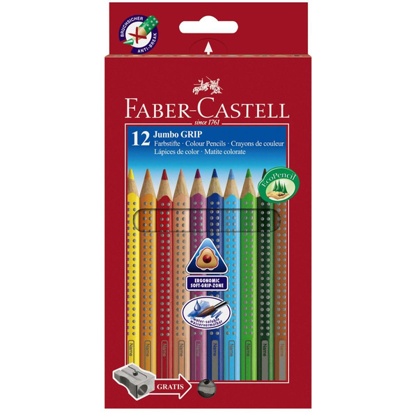 Kredki ołówkowe Faber Castell 12 kolorów Jumbo Grip trójkątne z temperówką