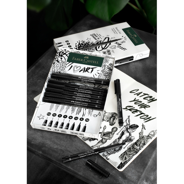 Zestaw pisaków Pitt Artist Pen Black Faber Castell ze szkicownikiem 8 sztuk