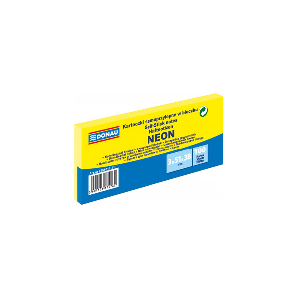 Karteczki samoprzylepne 38x51mm Donau neonowy żółty neonowy