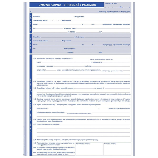 Druk umowa kupna- sprzedaży pojazdu A4 wielokopia