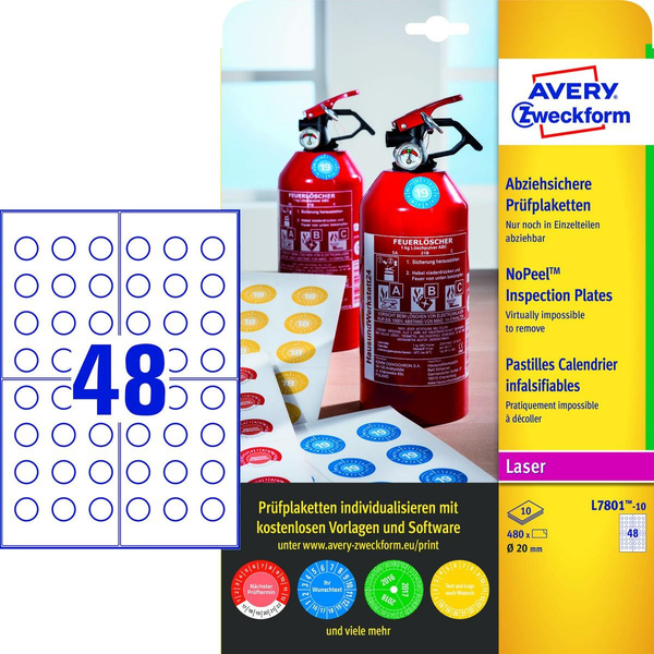 Tabliczki inspekcyjne No Peel A4 Avery Zweckform białe średnica 20mm