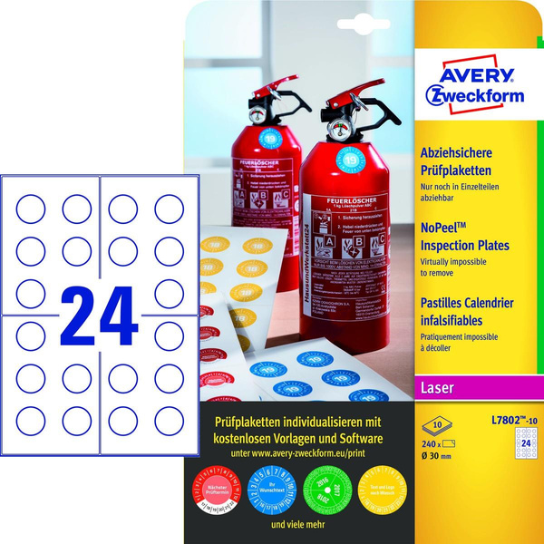 Tabliczki inspekcyjne No Peel A4 Avery Zweckform białe średnica 30mm