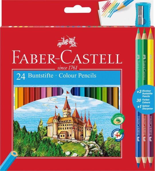 Kredki ołówkowe Faber Castell 24 kolory + 3 kredki dwustronne + temperówka