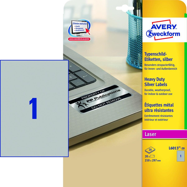 Etykiety samoprzylepne Avery Zweckform znamionowe srebrne 210x297mm