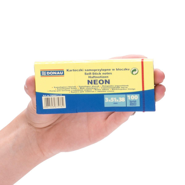 Karteczki samoprzylepne 38x51mm Donau neonowy żółty neonowy