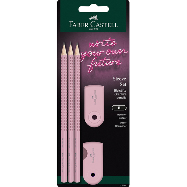 Zestaw 3 ołówków Grip z gumką i temperówką sleeve mini Faber Castell różowy