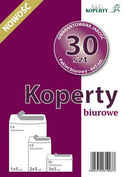 Koperty biurowe DL, C5, C4 białe zestaw 30 sztuk