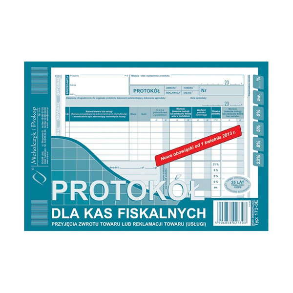 Druk Protokół dla kas fiskalnych przyjęcia zwrotu towaru lub reklamacji