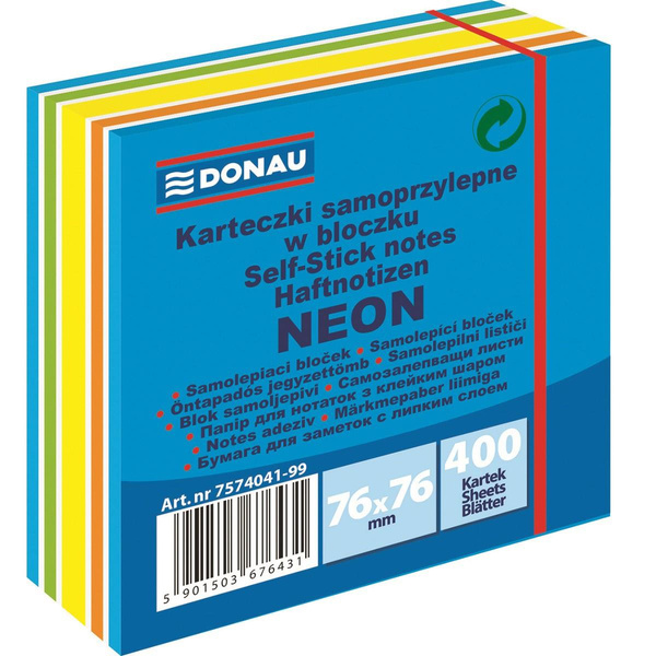 Karteczki samoprzylepne 76x76mm Donau niebieski mix neonowo-pastelowe