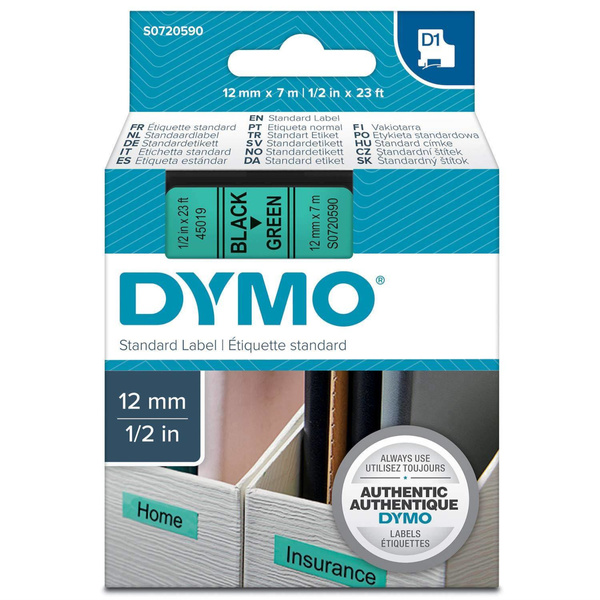 Taśma Dymo D1 12mm czarna / zielona
