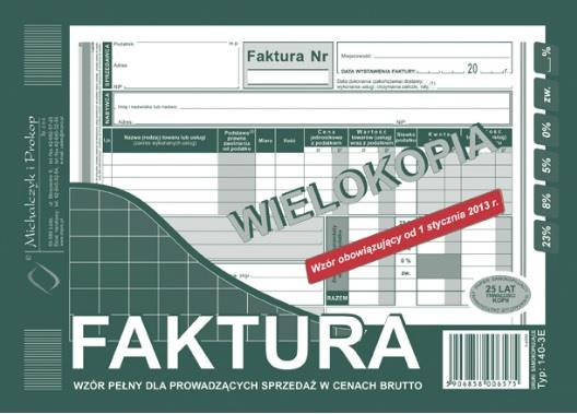 Faktura VAT z jedną stawką podatku dla prowadzących sprzedaż w cenach brutto A5 oryginał + kopia