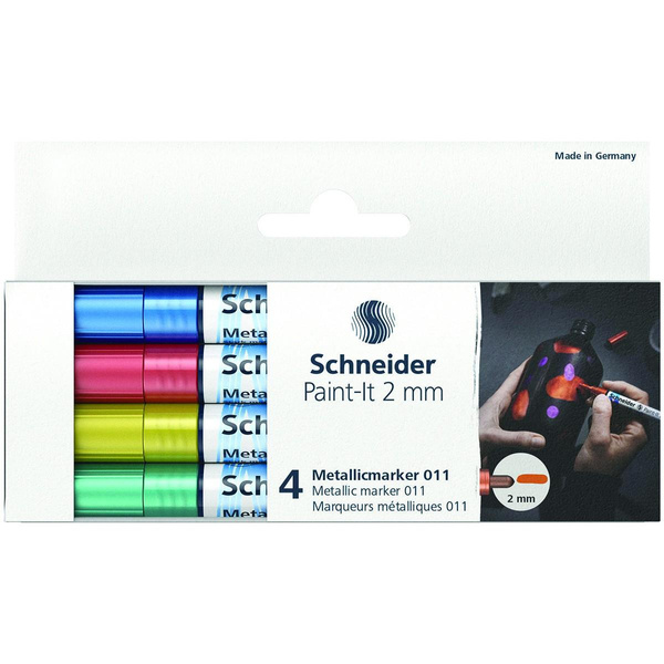 Marker akrylowy Schneider Paint-It Metallic 2mm 4 kolory (niebieski czerwony żółty zielony)