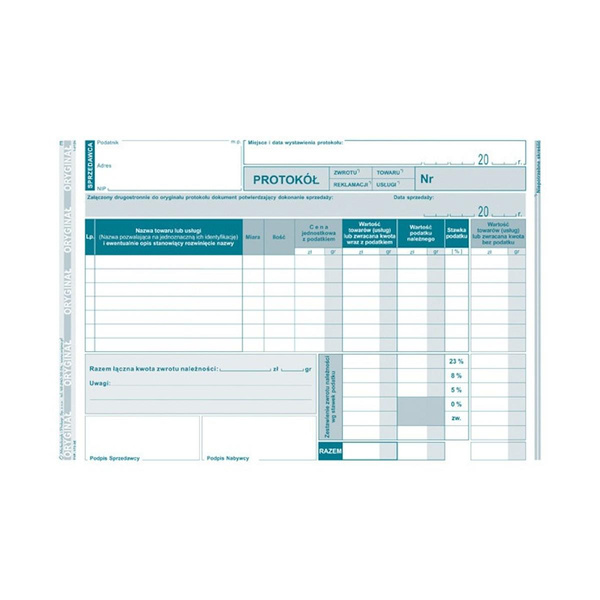 Druk Protokół dla kas fiskalnych przyjęcia zwrotu towaru lub reklamacji