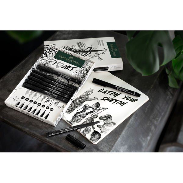 Zestaw pisaków Pitt Artist Pen Black Faber Castell ze szkicownikiem 8 sztuk