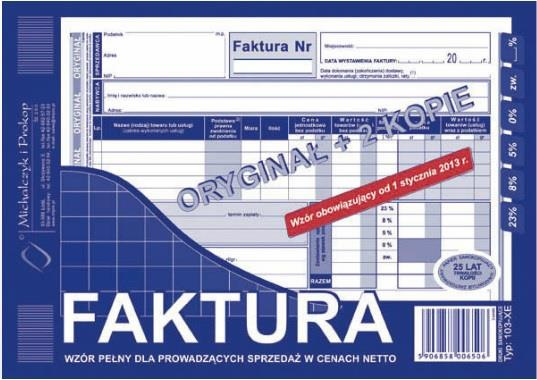Faktura VAT wzór pełny dla prowadzących sprzedaż w cenach netto A5 oryginał + 2 kopie