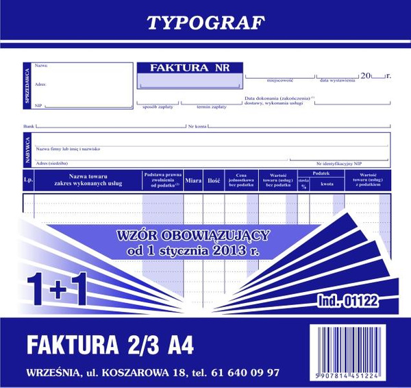 Faktura VAT (1+1) oryginał + kopia 2/3 A4