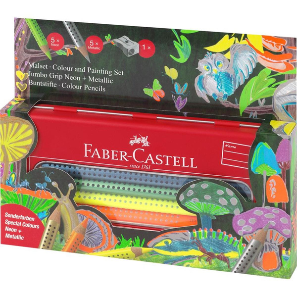 Kredki ołówkowe Faber Castell 5 kolorów neonowych Jumbo Grip metalowe opakowanie