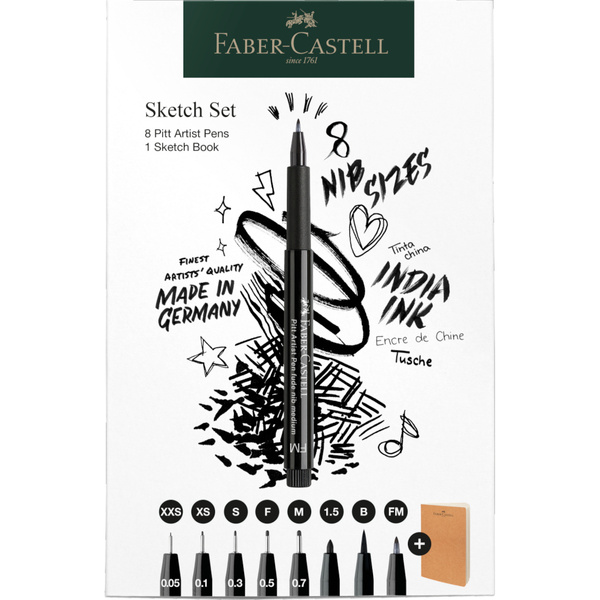 Zestaw pisaków Pitt Artist Pen Black Faber Castell ze szkicownikiem 8 sztuk