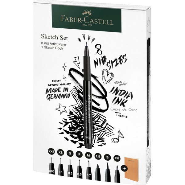 Zestaw pisaków Pitt Artist Pen Black Faber Castell ze szkicownikiem 8 sztuk