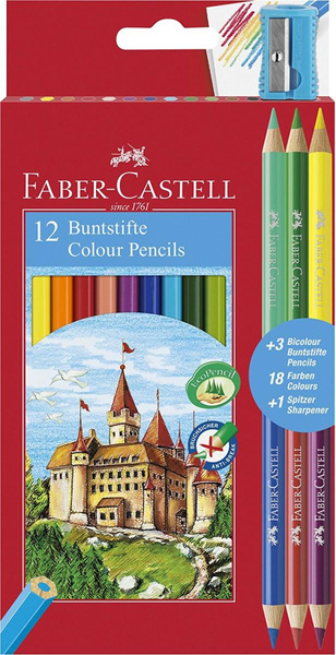 Kredki ołówkowe Faber Castell 12 kolorów + 3 kredki dwustronne + temperówka