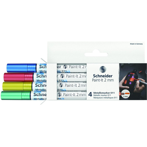 Marker akrylowy Schneider Paint-It Metallic 2mm 4 kolory (niebieski czerwony żółty zielony)