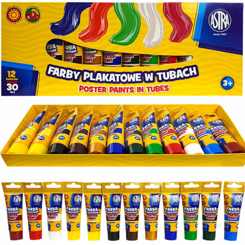 Farby plakatowe w tubkach 12 kolorów 30ml Astra